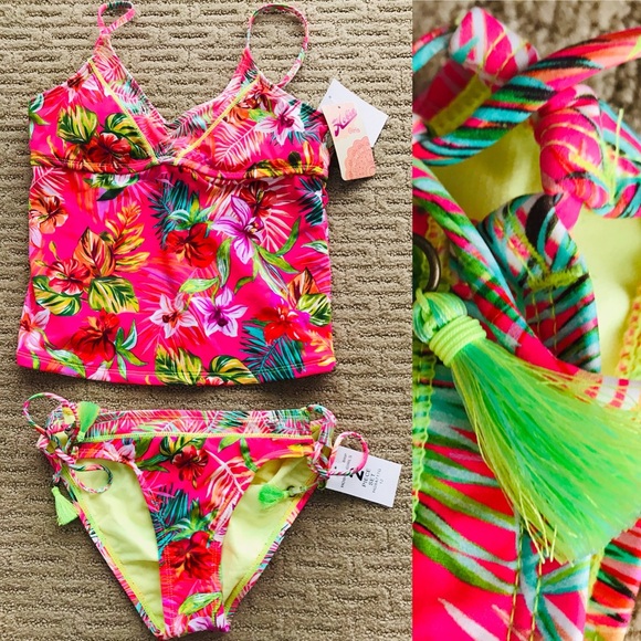 NWT HOBIE Girls TROPICAL California Style TANKINI BIKINI SWIMSUIT Size 12 - Picture 1 of 13